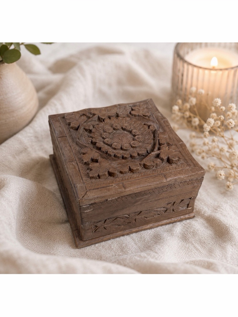 Handcrafted Wooden Floral and Leaf Carved Decorative Box
